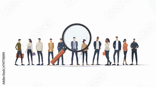 people with magnifying glasses watching interview candidates, in the style of multilayered dimensions