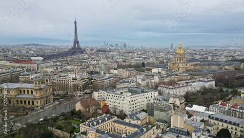 Tour Eiffel and Hotel National des Invalides, Paris panoramic view, France. Aerial forward photo