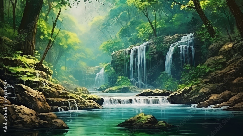 Fototapeta premium A waterfall in a gorgeously fantastic landscape