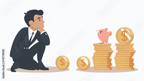  a man standing next to a big pile of coins, in the style of cartoon mis-en-scene, pensive poses,