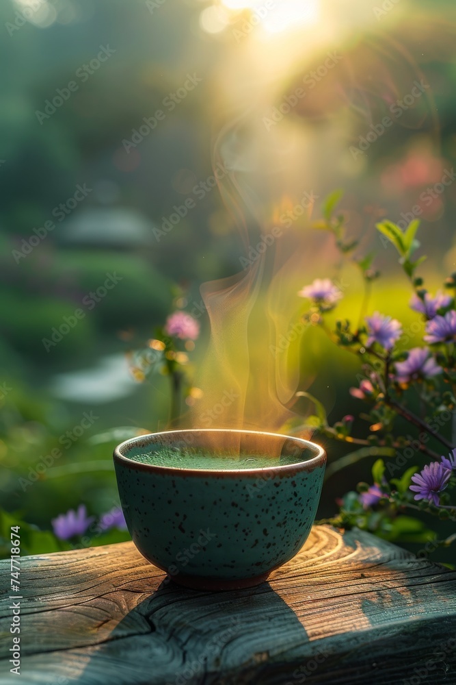 Organic green matcha tea Healthy drink. Traditional Japanese drink a steaming cup of matcha tea against the backdrop of a cherry blossom-blooming garden. Organic green matcha tea Healthy drink. Traditional Japanese drink a steaming cup of matcha tea against the backdrop of a cherry blossom-blooming garden.