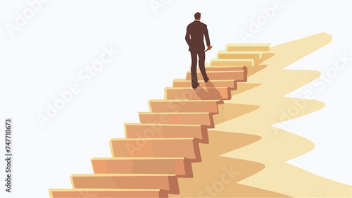 silhouette of young man on ladder as he is walking up a ladder of success and achieve his goals, in the style of dark navy and light azure, white background, kodak ektachrome, aggressive digital 