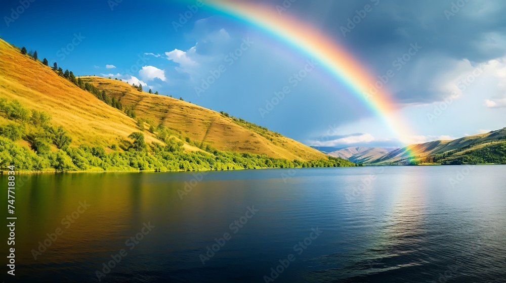 Beautiful panorama rural landscape with rainbow Beautiful panorama rural landscape with rainbow