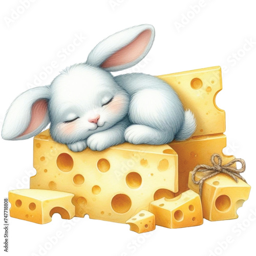 Bunny cute little sleeping on cheese

