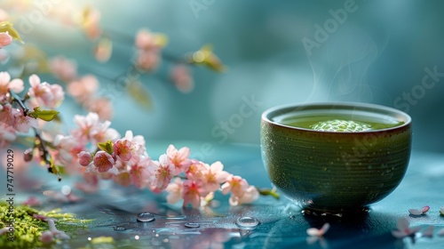 Organic green matcha tea Healthy drink. Traditional Japanese drink a steaming cup of matcha tea against the backdrop of a cherry blossom-blooming garden.