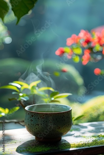 Organic green matcha tea Healthy drink. Traditional Japanese drink a steaming cup of matcha tea against the backdrop of a cherry blossom-blooming garden.