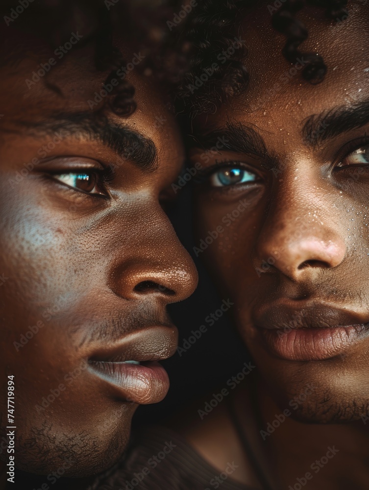 LGBTQ couple: tender portrait captures close connection, deep expressions in intimate setting, emotive love story. LGBTQ couple: tender portrait captures close connection, deep expressions in intimate setting, emotive love story.