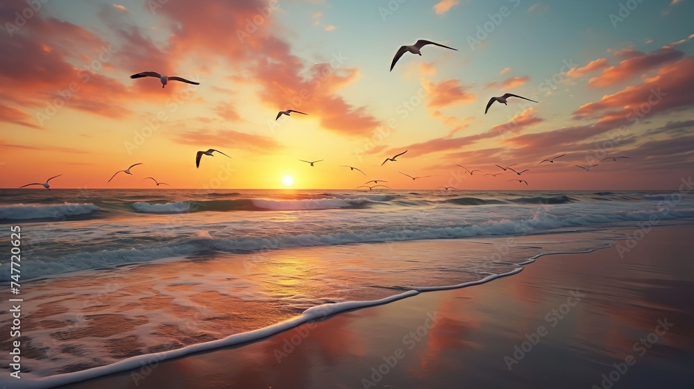 Sunset over the sea. Seagulls fly over the beach