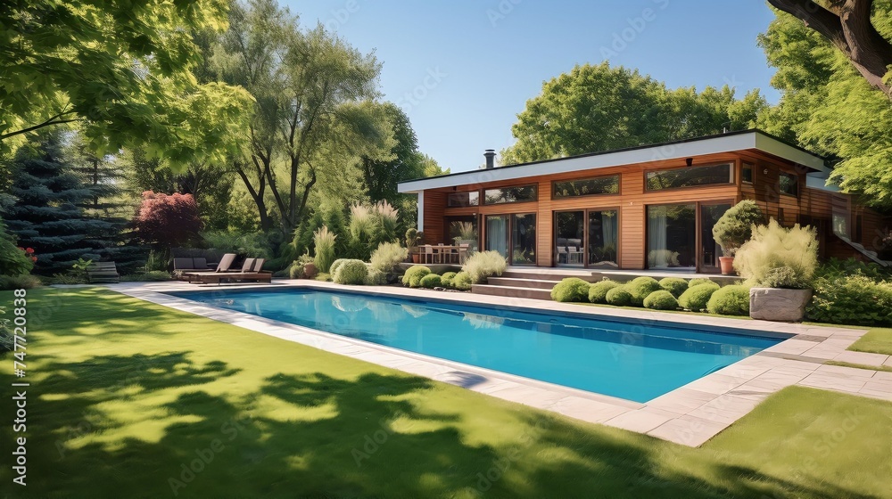 Swimming pool and decking in garden of luxury home