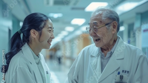 Experienced Mentorship: Smiling Senior Asian Doctor in Hospital Conversation, Asian Senior Doctor Wisdom and Professionalism in Healthcare Mentorship