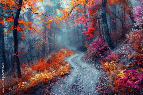 temperate deciduous forest, Autumn forest orange red are way or a road and pine carpet oak beech maple tree willow mysterious colorful leaves trees nature change seasons landscape Top view background © Sittipol 