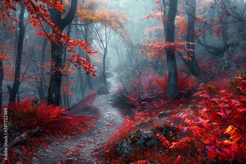 temperate deciduous forest  Autumn forest orange red are way or a road and pine carpet oak beech maple tree willow mysterious colorful leaves trees nature change seasons landscape Top view background