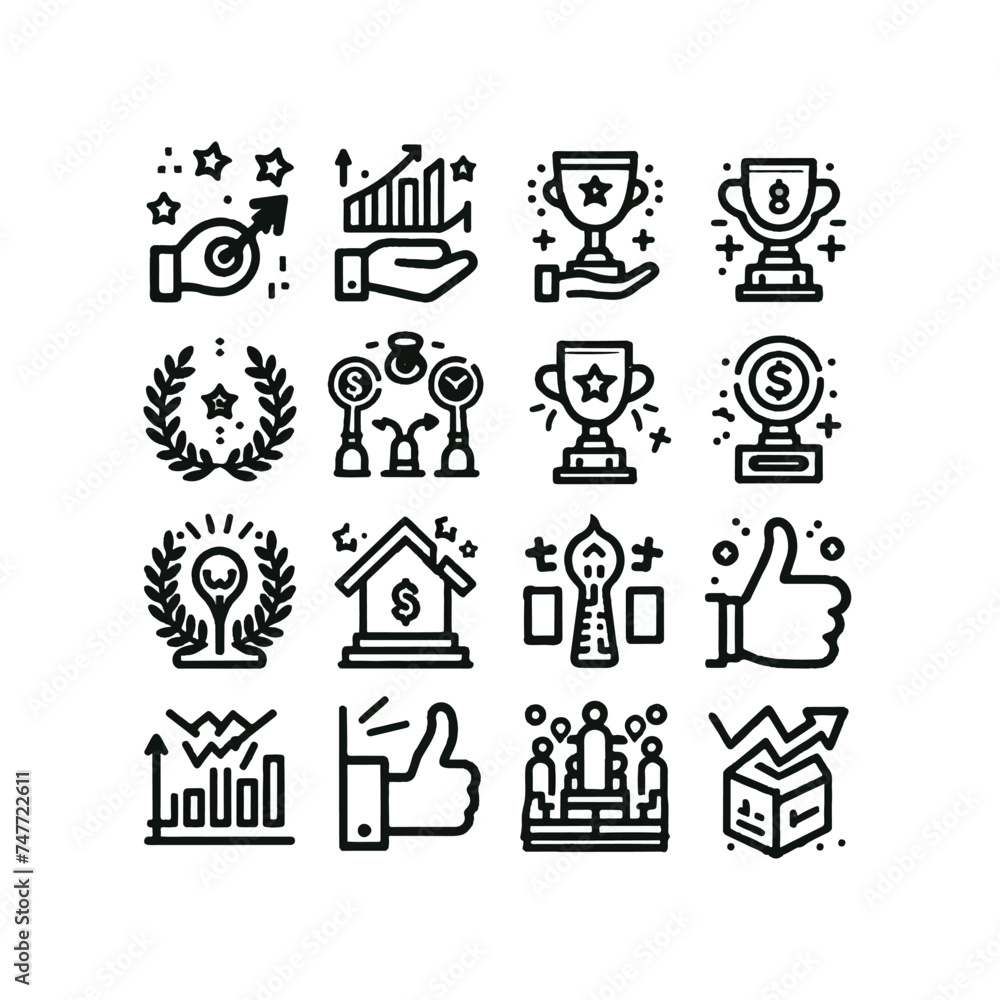 Success award growth win thumbs up key editable stroke outline icons set isolated Success award growth win thumbs up key editable stroke outline icons set isolated