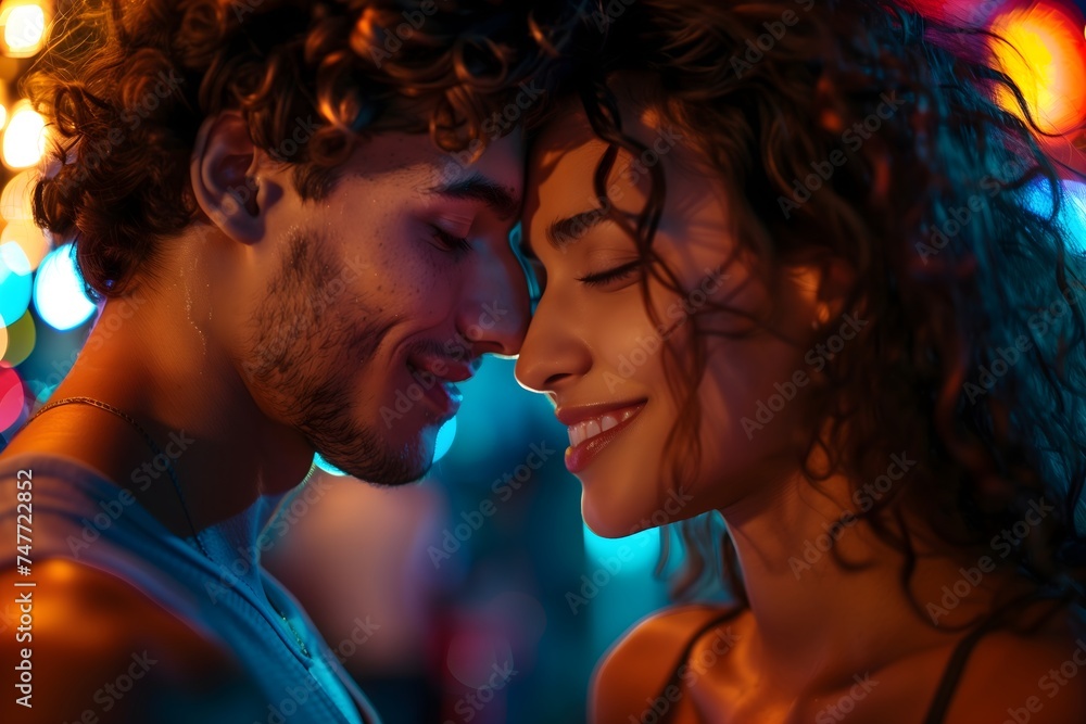 Intimate Couple Embracing in Neon Light, Capturing a Romantic Moment Intimate Couple Embracing in Neon Light, Capturing a Romantic Moment