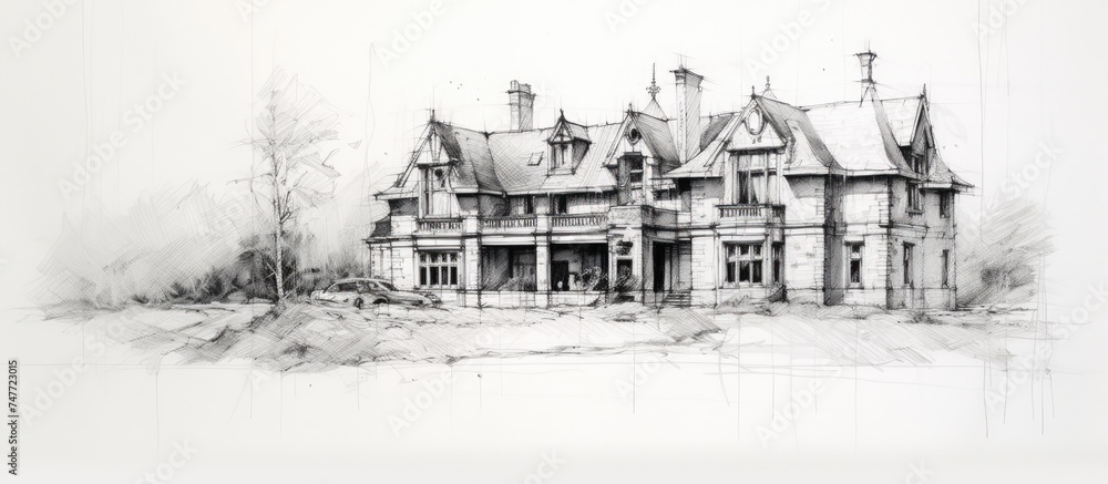 A detailed black and white drawing of a large house, featuring intricate architectural elements and a grand facade. The house stands tall and imposing,