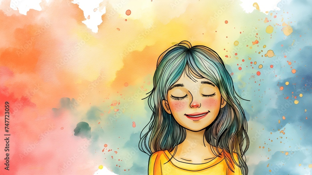 Sketch of closed eyes smile girl on watercolor background , post card design Sketch of closed eyes smile girl on watercolor background , post card design