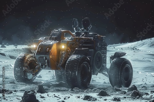 Lunar exploration digital artwork featuring a lunar rover