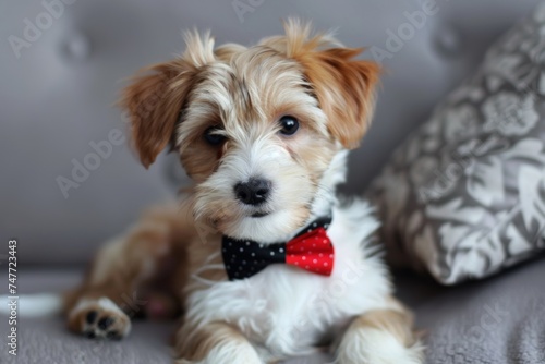 Small Brown and White Dog Wearing Red Bow Tie. Generative AI