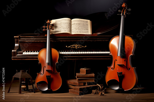 music trio instrument with piano vintage style, violin and cello decorated with books with black background photo