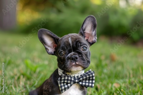 Small Black and White Dog Wearing Bow Tie. Generative AI