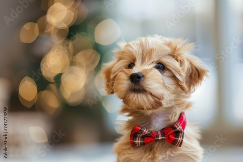 Small Dog Wearing Red Bow Tie. Generative AI