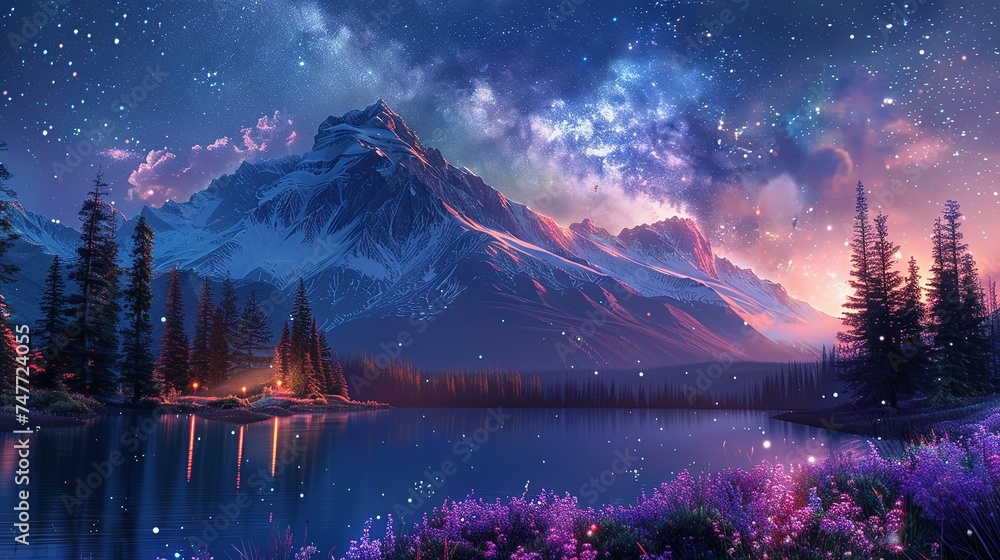 Naklejka premium Beautiful fantasy starry night sky, blue and purple colorful, galaxy and aurora 4k wallpaper