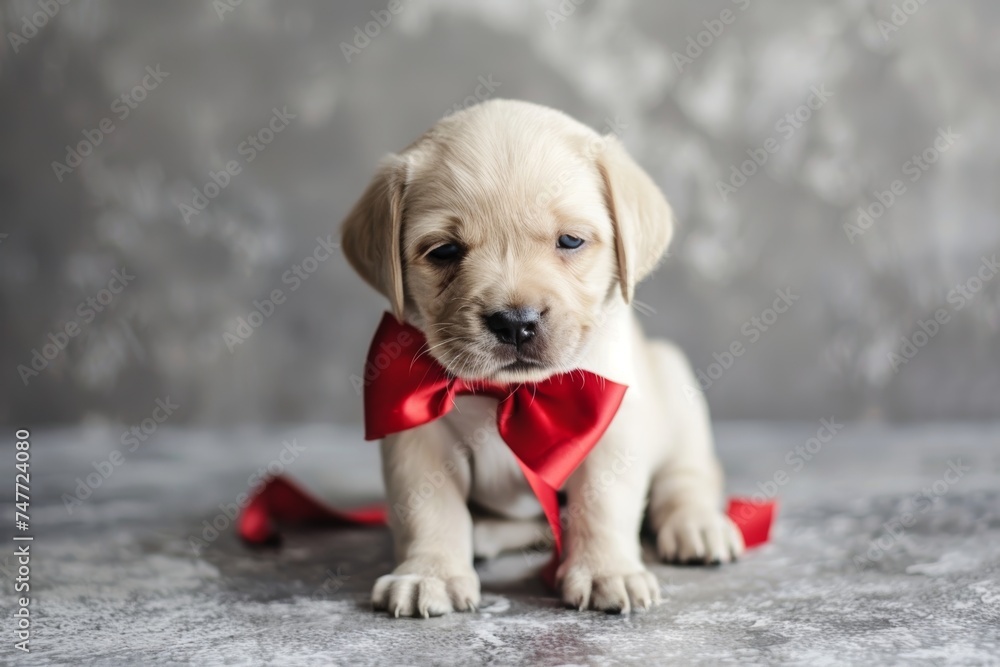Adorable Puppy in Red Bow Tie. Generative AI