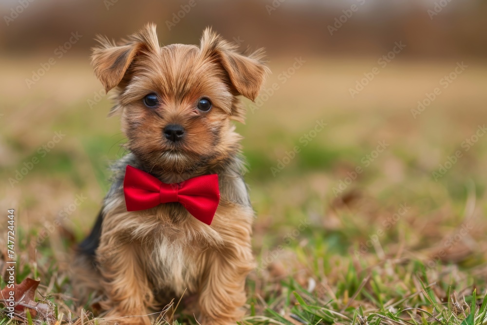 Small Dog Wearing Red Bow Tie. Generative AI