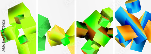 Flying 3d shapes, cubes and other geometric elements background design for wallpaper, business card, cover, poster, banner, brochure, header, website