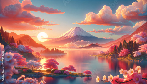 Serene Mount Fuji at Sunset with Sakura and Lake