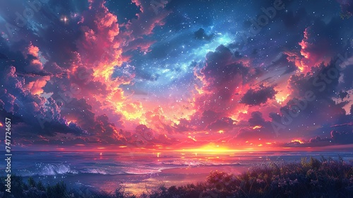 Beautiful fantasy starry night sky  blue and purple colorful  galaxy and aurora 4k wallpaper