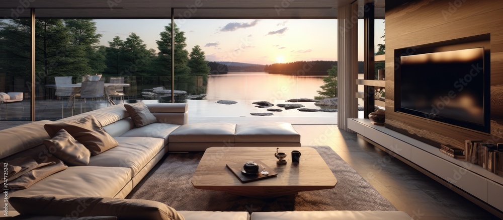 A modern living room filled with various furniture pieces such as sofas, coffee tables, and a flat-screen TV. A modern living room filled with various furniture pieces such as sofas, coffee tables, and a flat-screen TV.