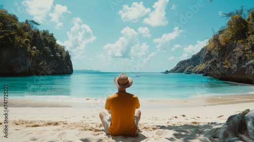 A serene moment captured as a man sits on a sandy beach, gazing out at the tranquil blue ocean and enjoying the peaceful scenery, man relaxing on tropical beach with ocean view.