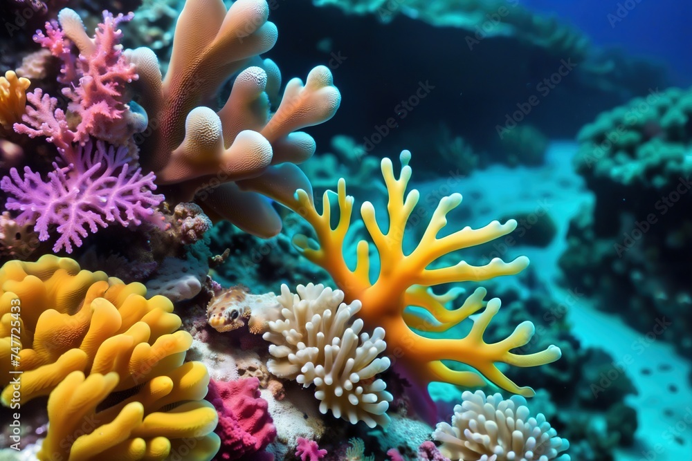 Colorful close-up view of a coral reef.