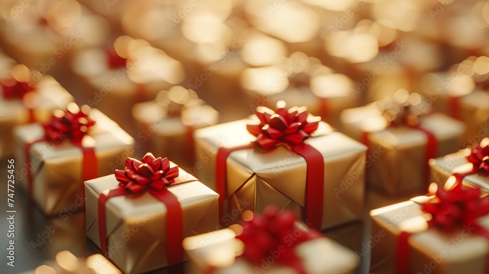 Gleaming golden gifts with festive ribbons evoke the joy and surprise of celebration.