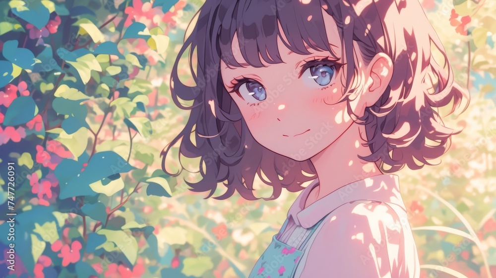 アニメ系イラスト微笑む女の子,Generative AI AI画像