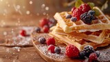 Mouthwatering stack of golden waffles topped with fresh berries and a dusting of sugar