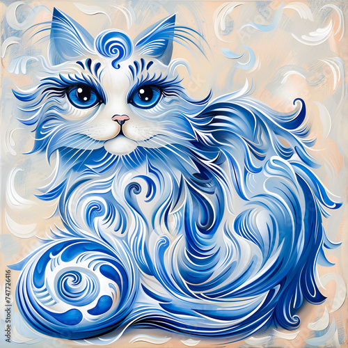 A drawing of a blue and white cat in the Gzhel style on a pastel background.