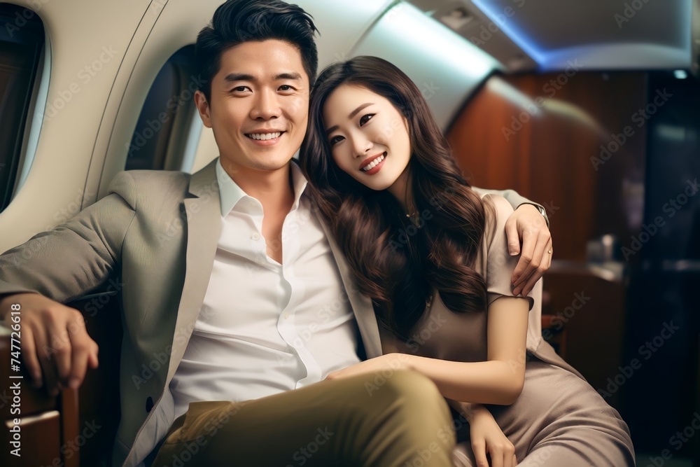A man and his wife sitting on private jet