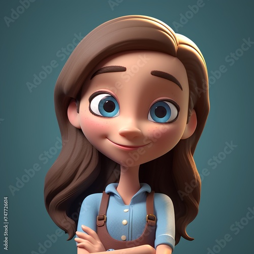 Cute girl with brown hair and blue eyes, 3d rendering