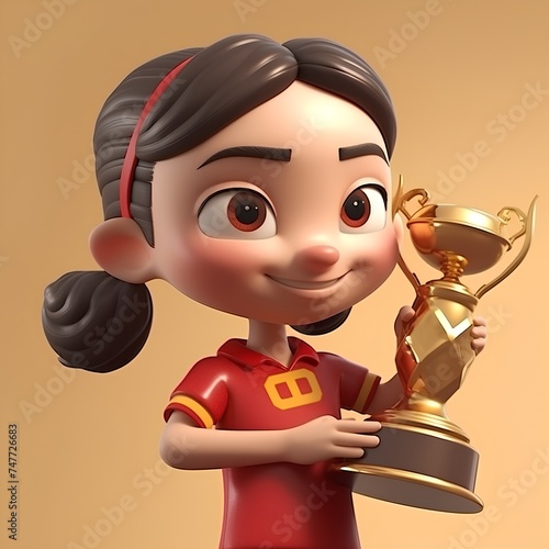 Cartoon girl holding a trophy on a golden background. 3d rendering