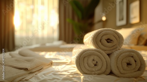 Luxurious hotel bedroom scene with plush white towels on an inviting bed