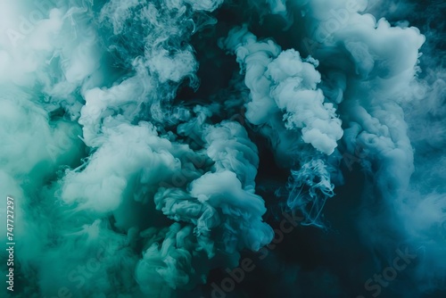 Abstract concept featuring a cloud of green and blue smoke swirling together on a black background Evoking mystery and a touch of horror