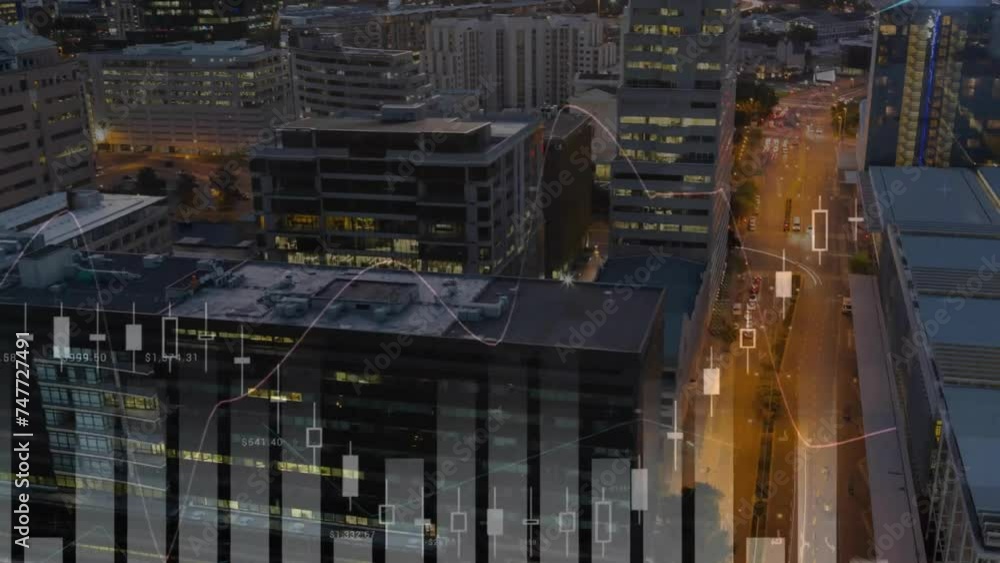 Animation of financial data processing over city Animation of financial data processing over city