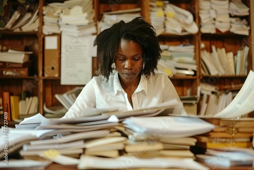 Businesswoman organizing paperwork and searching through files on her desk Depicting dedication and thoroughness in the workplace photo