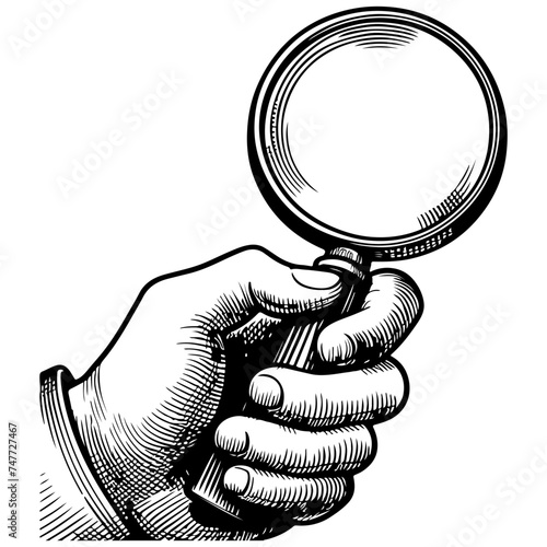 hand holding a magnifying glass icon to search something flat design in line art style Vector illustration