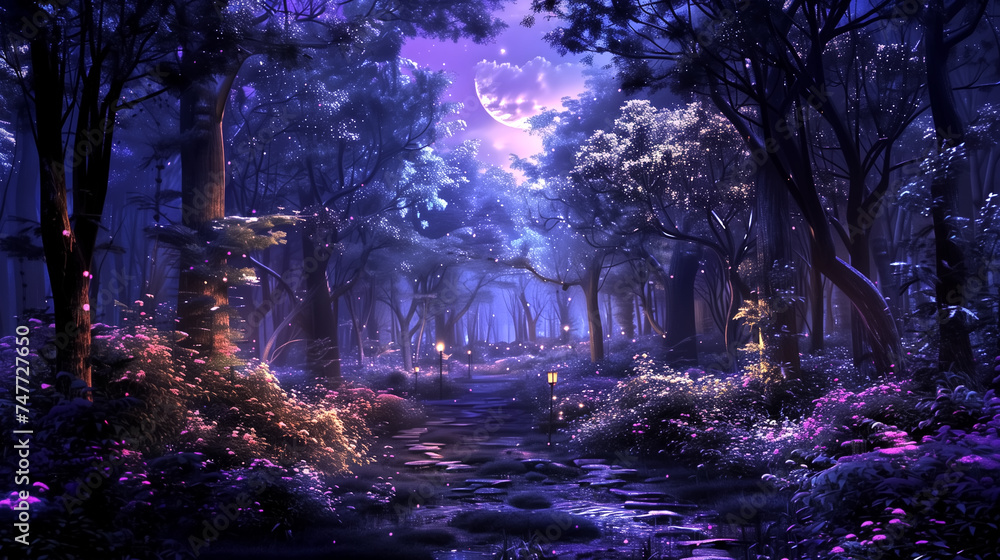 Obraz premium Fantasy illustration of magical fairy tale forest with fireflies