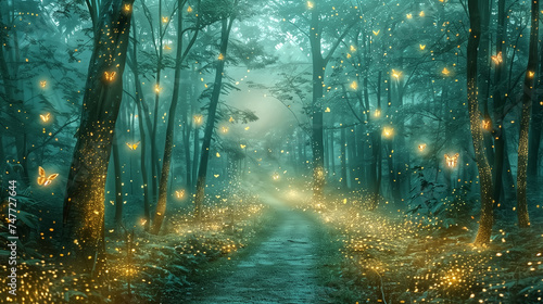 Fantasy illustration of magical fairy tale forest with fireflies © pasakorn
