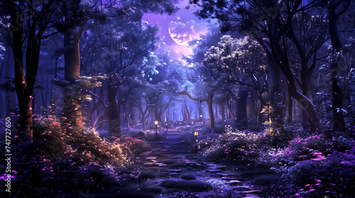 Fantasy illustration of magical fairy tale forest with fireflies