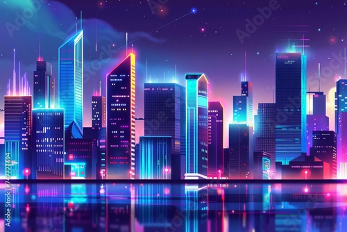 Cyberpunk city at night with neon-lit skyscrapers Depicting a futuristic urban landscape filled with vibrant life and technology